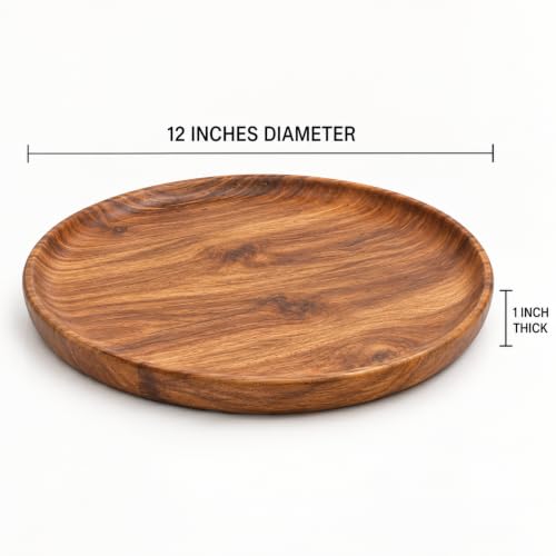 Image of Wooden thali, Sheesham Wood Serving Plate, 25.4 cm Round, Natural Brown, Chemical-Free (Extra Large Plate)