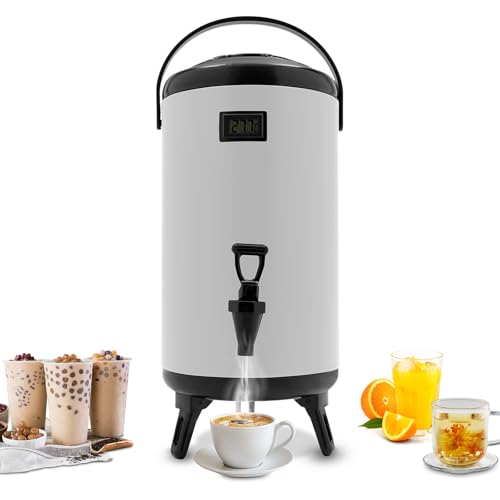 Insulated Beverage Dispenser, 12L/3.17Gal Thermal Hot and Cold Beverage Dispenser, Stainless Steel Insulated Hot Drink Dispenser with Spigot and Thermometer for Coffee & Tea,Milk,Water,Juice (White)
