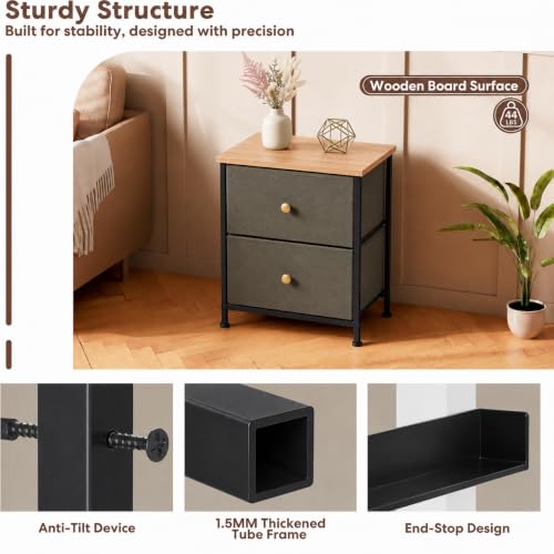 Simple Deluxe Nightstand 2 Drawers Dresser for Bedroom, 3-Tier Bedside Table with Fabric Bins, End Table for Living Room, Adjustable Feet, Wood Top Load-Bearing up to 44 lb, Dark Green by Simple Deluxe - Used condition - Image 2