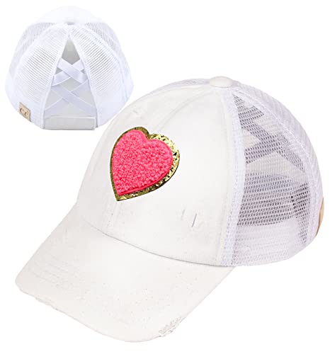 Kids Criss Cross Chenille Patch Messy Bun Ponytail Hat - Heart - White/Candy Pink #TOP15