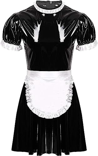 ZhangJJJJJJJ Mens Sissy French Maid Cosplay Costumes, PVC Leather Puff Sleeve Dress (M) Black