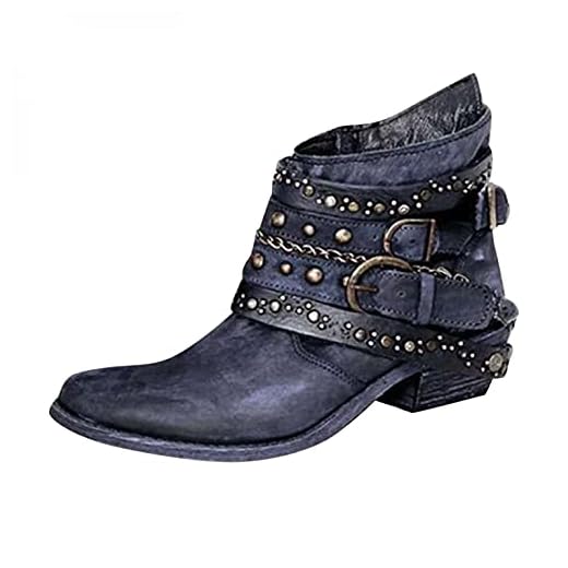 Hbeylia Vintage Combat Boots For Women Goth Vintage Rivet Metal Buckle Leather Round Toe Chunky Low Heels Ankle Booties Retro Gothic Studded Riding Short Boots Winter Fall Dress Shoes Halloween Decor