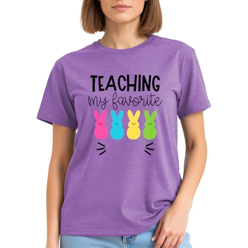 Image of Easter Shirts for Women-Cute Easter Bunny Tee Tops Oh for Peeps Sake Shirt Rabbit Printing Short Sleeves