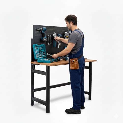 Kompak Banco de Trabajo Plegable de Pared con Altura Regulable   Mesa de Trabajo Plegable con Panel Perforado y Ganchos   Banco de Trabajo con Encimera de Madera y Estructura de Acero Reforzado
