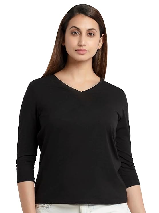 Super Combed Cotton Solid Black Regular Fit V-Neck Long Sleeve T-Shirt for Women-image-6