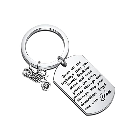 FUSTMW Biker Keychain Motorcycle Gift Ride Safe Keychain May Your Guardian Angel Ride with You New Driver Gift for Biker (silver)