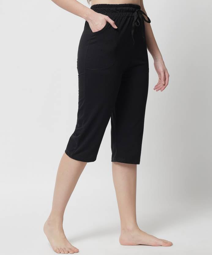 Image of Women's Cotton Capri Pants, Drawstring Waist, Knee Length, Pack of 3