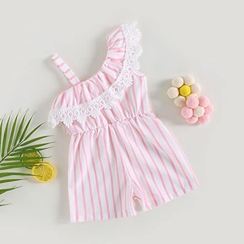 Toddler Baby Girl One Shoulder Romper Outfit Summer Sleeveless Striped Lace One Piece Bodysuit Jumpsuit 1-5T (Pink,12-18 Months) #TOP2