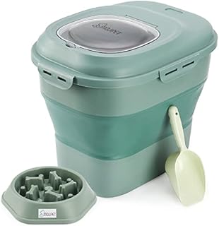 MojPet Collapsible Dog Food Storage Container, 30 Lb Pet Cat Pantry Plastic Large Containers Bin with Wheels Airtight Lids Locking Bowl and Measuring Scoop