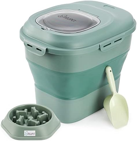 MojPet Collapsible Dog Food Storage Container, Pet Cat Large Plastic Pantry Containers 30 Lbs Bin with Lids Airtight, Maze Puzzle Dog Slow Feeder Bowl & Measuring Scoop