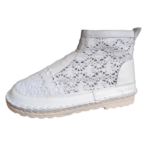 Générique Bottines Femme Été Respirantes Couleur Unie Tige Dentelle Découpée Bout Rond Fermeture Éclair Légères Confortables(White, 39)
