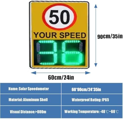 Solar Powered Radar Speed Display Sign - LED Road Warning Sign with Adjustable Speed Limit, Remote Control, 50x70 cm - Enhance Traffic Safety & Monitor Vehicle Speed