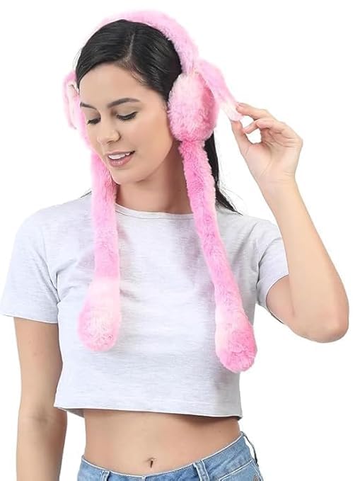 Moving Bunny Ear Warmers, Pink Plush Faux Fur Winter Earmuffs with Flapping Motion, Soft Windproof Cold Weather Protection for Women, Girls and Boys-image-23