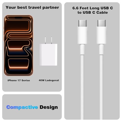 Image of iPhone 17 Charger Fast Charging, 2 Pack 40W USB-C Wall Charger Plug + 6.6FT USB Type C Cable Cord for Apple iPhone 17 Air 16 Pro Max 16 Plus 15 Series iPad Pro /Air,New iPhone Fast Charging USB-C Block