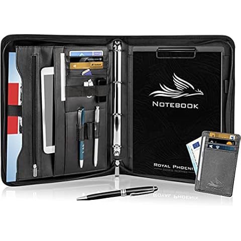 Royal Phoenix® Business Schreibmappe A4 'Hawk' - Hochwertige Ringbuchmappe mit Reißverschluss - inkl. Kreditkartenetui + weiteren EXTRAS - Arbeitsmappe aus hochwertigem Kunstleder in Schwarz Cover