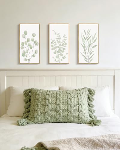 KUVIOKE Light Green Botanical Leaf Framed Wall Art Green Sage Eucalyptus Plant Illustrations Modern Artwork for Living Room Bedroom 8x16in3pcs Natural Framed