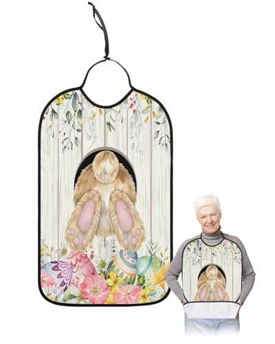 Easter Bunny Butt, Adult Bib for Adults Men, Women, Flower Eucalyptus Leaves Woodgrain Washable & Adjustable Terry Cloth Bib with Crumb Catcher Reusable Waterproof Clothing Clothes Protector Apron