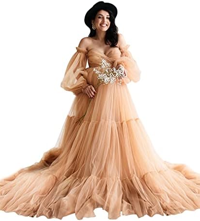Midiluy Tulle Maternity Dress for Photoshoot Puffy Long Sleeve Pregnancy Dresses for Photoshoot Sheer Baby Shower Bridal Dressing Gown Skin S