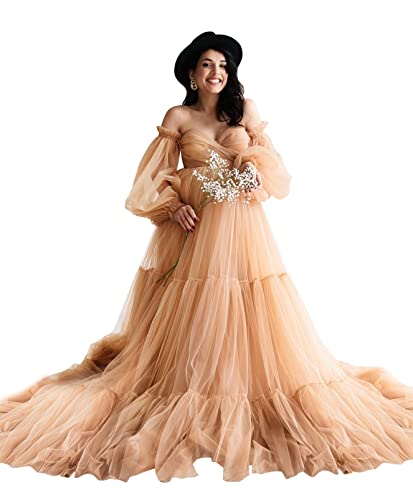 Midiluy Tulle Maternity Dress For Photoshoot Puffy Long Sleeve Pregnancy Dresses For Photoshoot Sheer Baby Shower Bridal Dressing Gown Skin S #TOP2