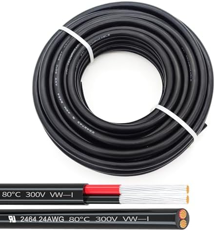24AWG UL2464 Power Cable Flexible Stranded Electrical Wire LED Red & Black 2 Conductors 24Gauge 2cord 25ft