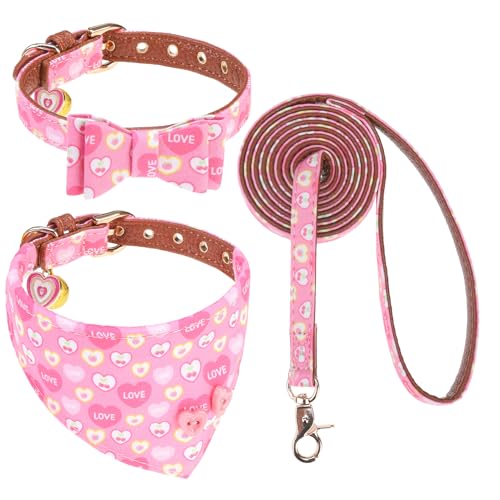 Image of EXPAWLORER Dog Collar and Leash Set - Pink Heart Dog Bow Tie and Dog Bandana Collar with Bell, Dog Leash Tangle Free, Adjustable Collars for Small Medium Large Dogs Cats, Holiday Ideal Gift, S