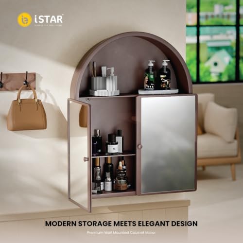 Image of iSTAR Wall Mounted Storage Mirror Cabinet, Bathroom Wall Mirror with Storage Shelf Mirror with Hidden Cabinet Organizer | Modern Wall Mounted for Bathroom, Bedroom, Washbasin (Brown)