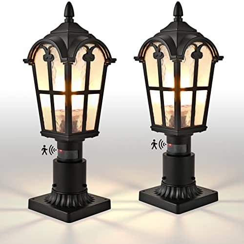 Outdoor Post Light Fixture, Set of 2 Dusk to Dawn Motion Senior Exterior Post Lamp IP65 Waterproof Pole Lantern Lighting Fixtures, Sand Textured Black with Water Ripple Glass,Not Included Base