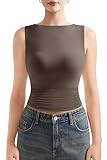 SUUKSESS Women Double Lined Sleeveless Going Out Basic Tank Tops Ruched Summer Casual T Shirts (Brown, X-Small)