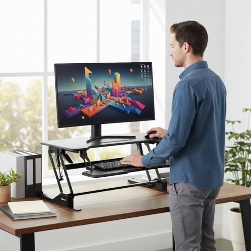 Image of Mount-It! 38 Inch Standing Desk Converter - Gas Spring Sit Stand Desk Riser for Dual Monitors - Height Adjustable Desktop Workstation with Keyboard Tray - Black