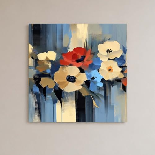 Image of Abstract Floral Stretched Canvas Wall Art Painting for Living Room | Modern Blue & White Flower Artwork Painting | Contemporary Decorative Wall Decor for Home & Office, 22x22 Inch