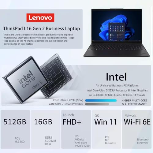 Image of Lenovo ThinkPad L16 (Premium E16) 16 inch Business AI PC Laptop - WUXGA - Intel 12-Core Ultra 5 225U (> Ultra 7 155U) - 16GB DDR5-512GB SSD - Fingerprint - Backlit - HUB - 2X Thunderbolt 4 - Win 11 Pro