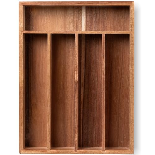 Fibogollo Silverware Organizer Acacia Wood Kitchen Drawer Organizer with 5 Slots Flatware Organizer Tray for Kitchen, Flatware, Utensils
