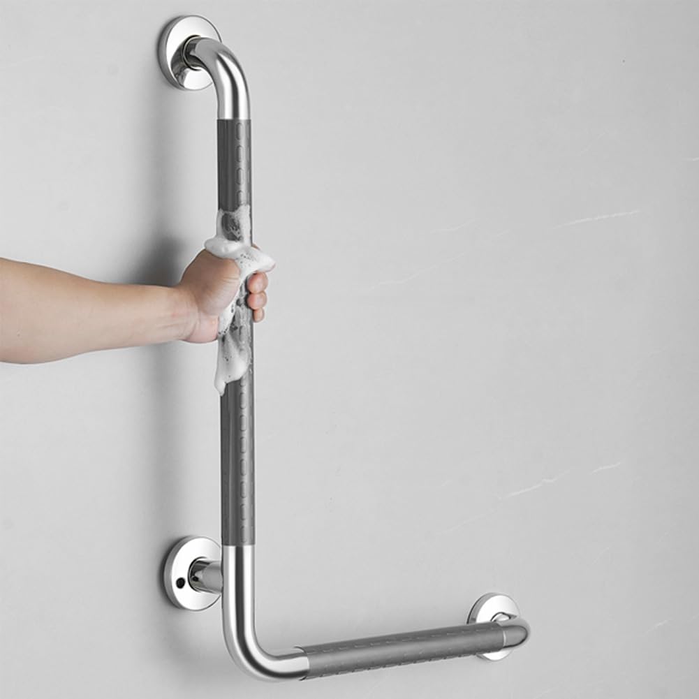 Barras de Apoyo de Pared,Barra de Apoyo de Seguridad para Forma de L de Acero Inoxidable,Capacidad de Carga 300 Kg,Superficie Antideslizante,para Personas Mayores y con (Size:70x50cm,Color:Grey-Right)
