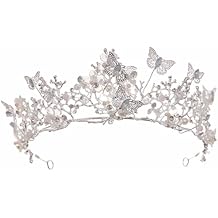 Butterfly Crowns and Tiaras Flower Rhinestone Bride Crown Baroque Queen Tiaras Pearl Headpiece for Women Silver