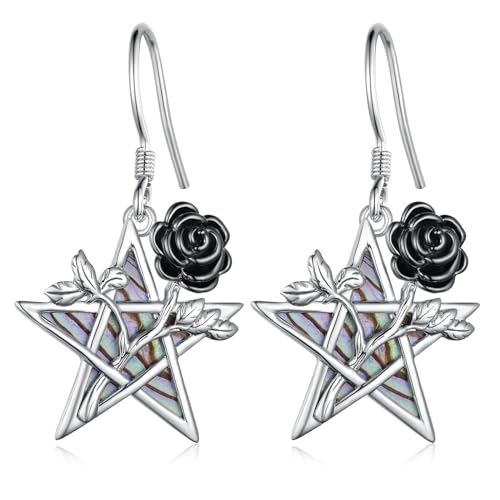 Pentagram Earrings Sterling Silver Pentagram Rose Flower Dangle Earrings Gothic Jewelry Gifts for Women