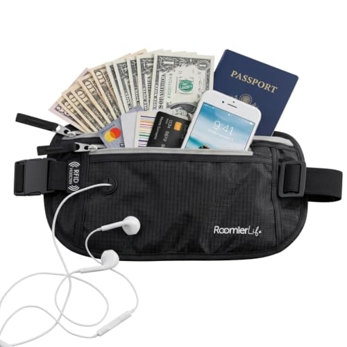 Image of RFID Blocking Passport Holder Travel Pouch for Men & Women - Hidden Money Belt with Anti-Theft Locking Zipper, Slim Waterproof Waist Wallet for Cash, Credit Cards, Passport & Travel Documents (Onyx)