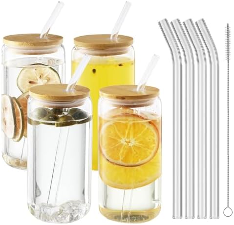 HAOYULUO 4er Set Glas mit Deckel und Strohhalm, 500 ml Trinkgläser mit deckel, Dosenförmige Glasbecher, Geeignet für Eiskaffeetassen, Limonaden, Smoothies, Bier, Cocktails (500ML,