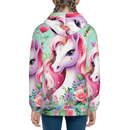 Pink Unicorn Print Girls Athletic Zip Up Hoodies,Sweatshirts with Pockets Long Sleeve Hooded Jackets, for 7-18 Y4
