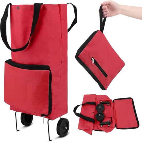 Folding shopping cart, supermarket trolley with two lightweight folding wheels, Oxford cloth bag reusable folding bag large capacity ultra-light handbag travel camping home essential artifact(red)