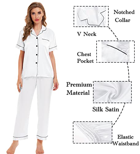 Image of SWOMOG Womens Silk Satin Pajamas Sets 4pcs Sleepwear Sexy Cami Shorts Set and Button Down Short Sleeve Pjs Loungewear