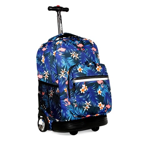 J World New York Sunrise Kids Rolling Backpack for Girls Boys Teen. Roller Bookbag with Wheels, New Flamingo, 18", New Flamingo, 18", Sunrise Kids Rolling Backpack for Girls Boys Teen. Roller Bookbag