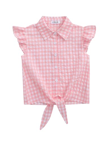 Image of Girls Sleeveless Plaid Button Down Shirt Summer Crop Tops Tie Knot Ruffle Sleeve Shirt Blouse 3-12Y