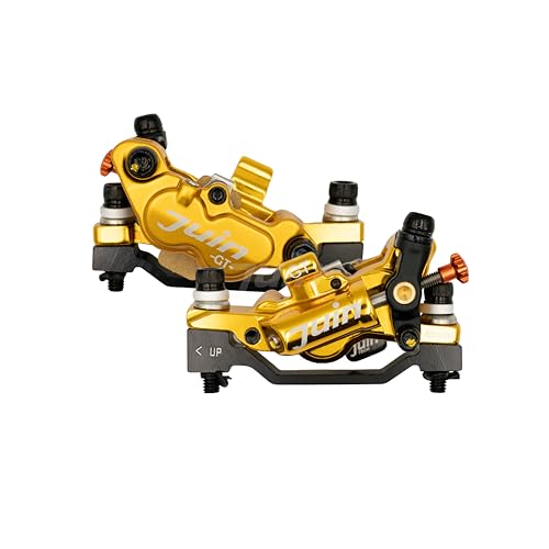 Juin JuinTECH GTP-4 4-Piston Hybrid Hydraulic Disc Brake Calipers – Front & Rear Set (2 Calipers, No Rotor), Post Mount/ISO, Cable-Actuated for Mechanical Road Levers (Gold)