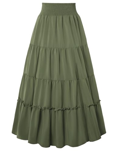 Forest Green Tiered Long Skirt for Women Renaissance Maxi with Hi...