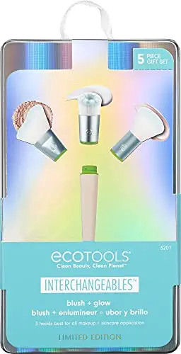 EcoTools Limited Edition Blush and Glow Interchangeable Makeup and Skincare Brush Set, Travel Friendly Makeup Brushes, 5 Piece Valentine’s Day Gift Set For Wife, Spouse, Girlfriend, or Daughter