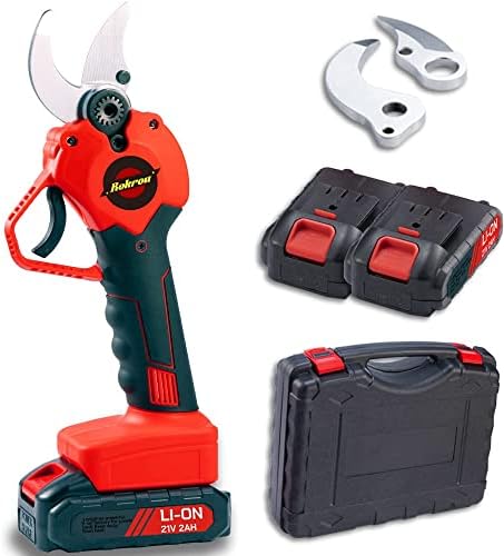 Rokrou Electric Pruning Shears For Gardening Cordless Tree Pruner 1.57" (40mm)Cutting Diameter With 2 Pack 21V Rechargeable Battery & Replacement Blade Set Red