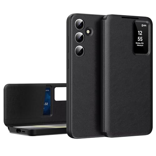 ESONG Smartphone Cover per Samsung Galaxy S25, Custodia in Pelle Flip Folio Libro Intelligente Case, Smart Clear View Cover portafoglio Antiurto Protezione Shell Nero