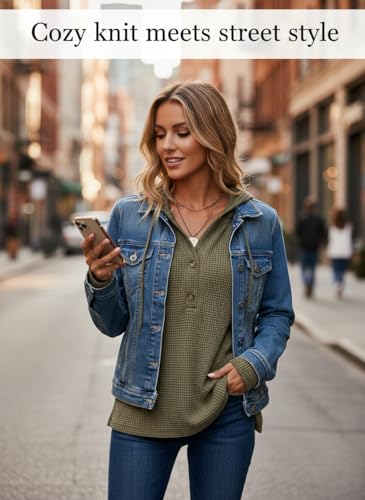 Image of Dokotoo Hoodies for Women Waffle Knit Button V Neck Casual Sweatshirt Tops
