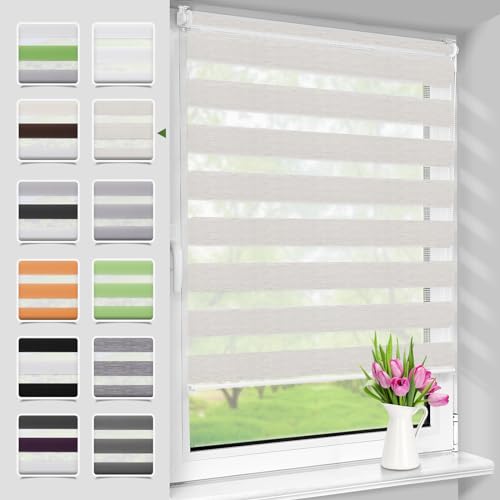 Deswell Rollo für Tag und Nacht, ohne Bohren, blickdicht, für Fenster oder Tür, einfache Installation mit Clips, 80 x 120 cm (Stoffbreite 76 cm), Leinen