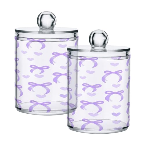 Haskirky 2 Pack Purple Bow Love Qtip Holder Dispenser,Clear Plastic Apothecary Jars with Lids Home Decor Kitchen Storage Jar for Cotton Ball, Cotton Swab,Floss,10 OZ